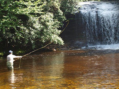 fly fishing near a waterfall