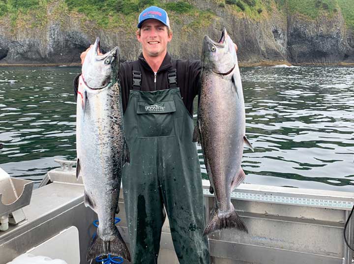 captain cody with two monster king salmon caught while trolling