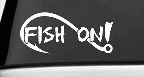 fish on fishing decal sticker with a hook outline