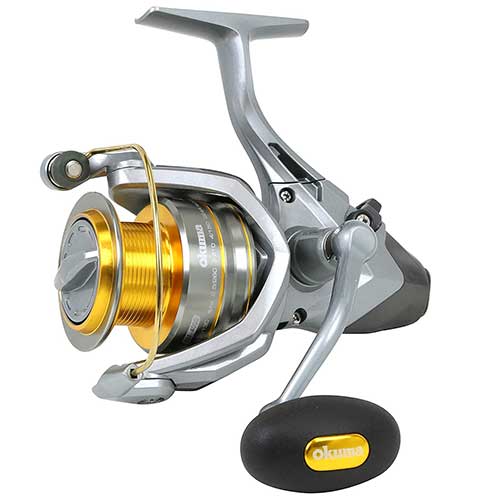 okuma avenger baitfeeder live line spinning reel for catfish