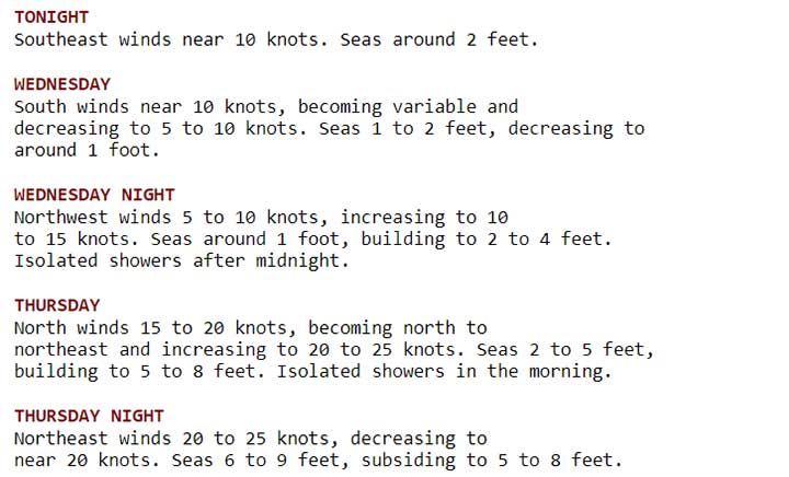 weather forcast by day wave height and wind speed