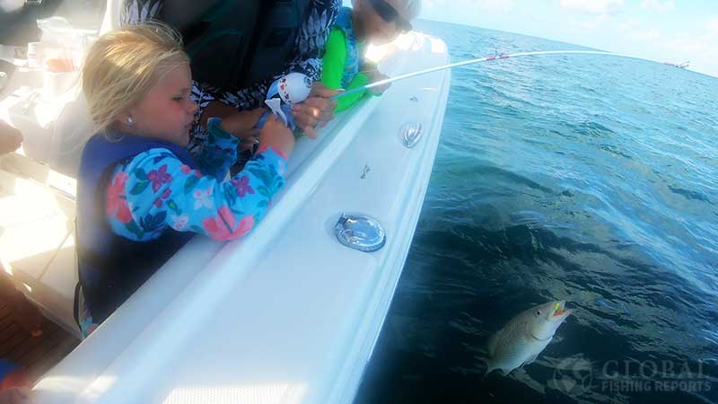 little girl catching a white grunt